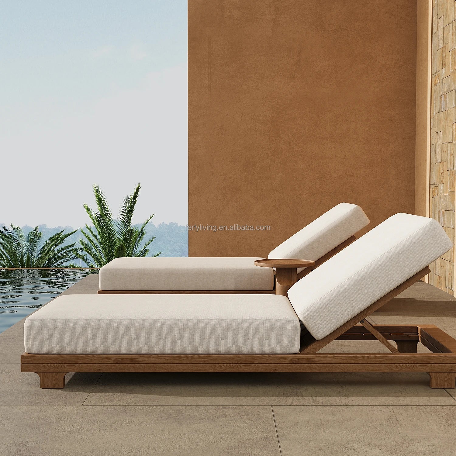 FERLY Luxury Customized OEM Solid Wood Teak Outdoor Garden Furniture Chaise Wood Pool Sun Loungers for Beach