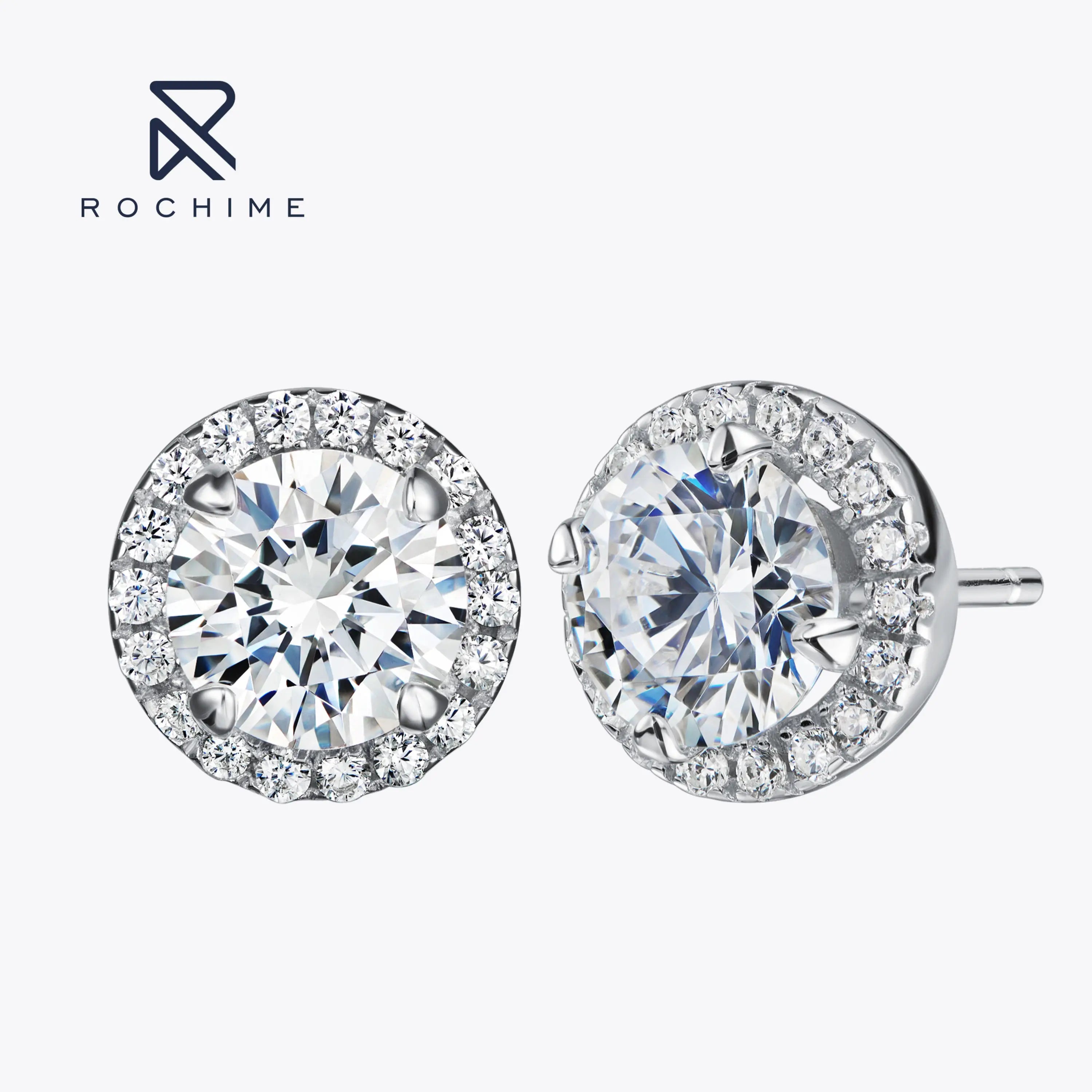 Rochime Fashion Round Brilliant  Diamond Stud Earrings  925 Sterling Silver Rhodium Plated Zirconia Fine Jewelry for Women