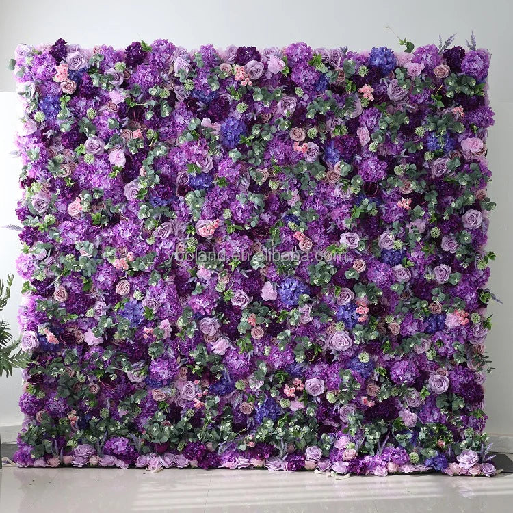 A07 Custom 8ft X 8ft Wed Purple Fake Silk Rose Flower Wall Panel 3D Roll up Artificial Flower Wall Backdrop for Wedding Decor