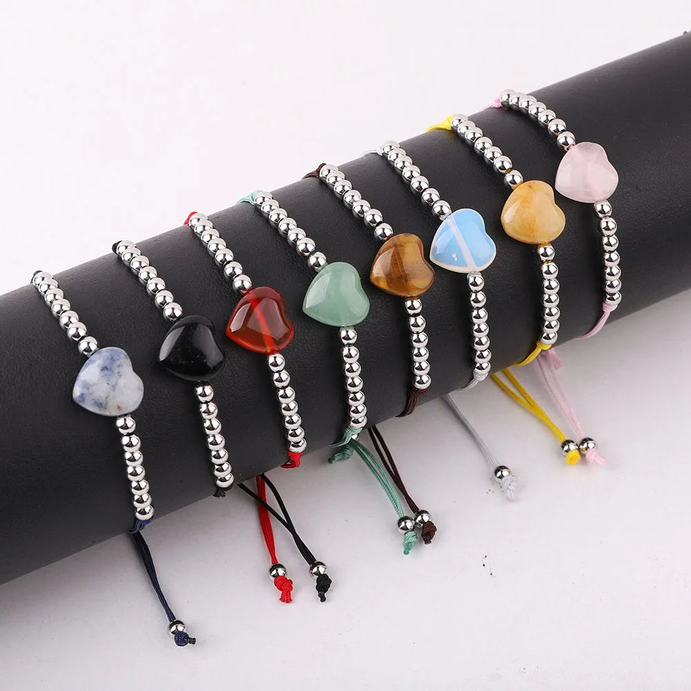 Cute Design Natural Stone Heart Beads Handmade Stainless Steel Macrame Adjustable Bracelet Valentine's Day Gift JBS12646