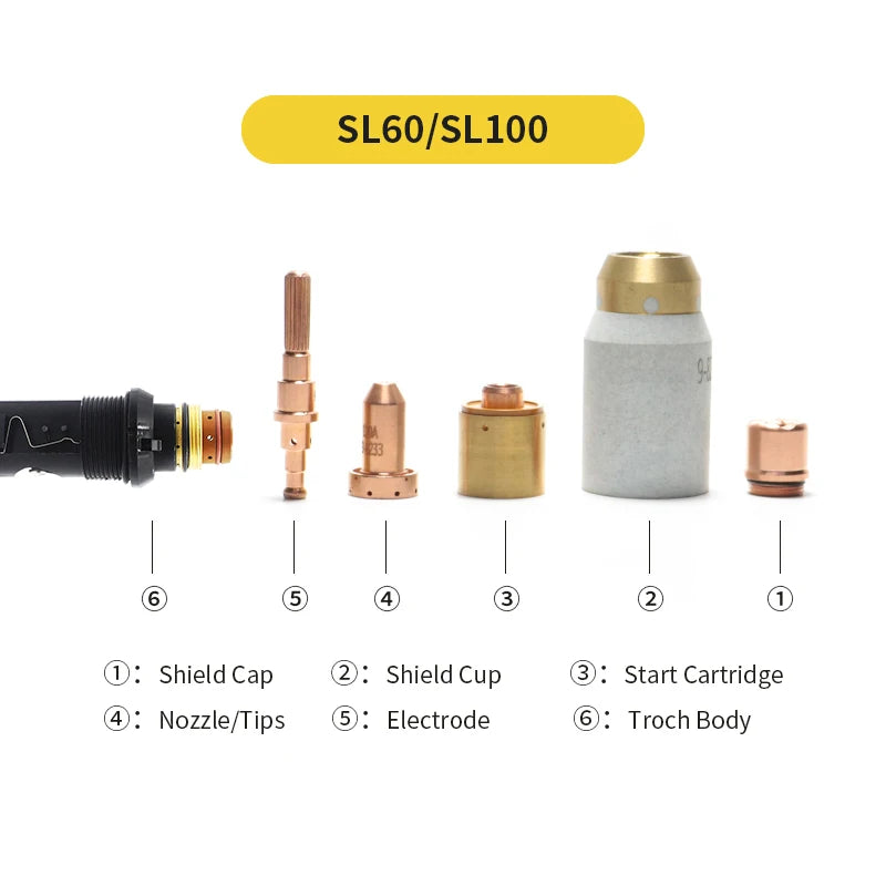 SL60 SL100 Electrode 9-8215 9-8232 Nozzle 9-8208 9-8210 9-8212 9-8253 Shield 9-8256 9-8238 9-8239 9-8245 MegaBDM