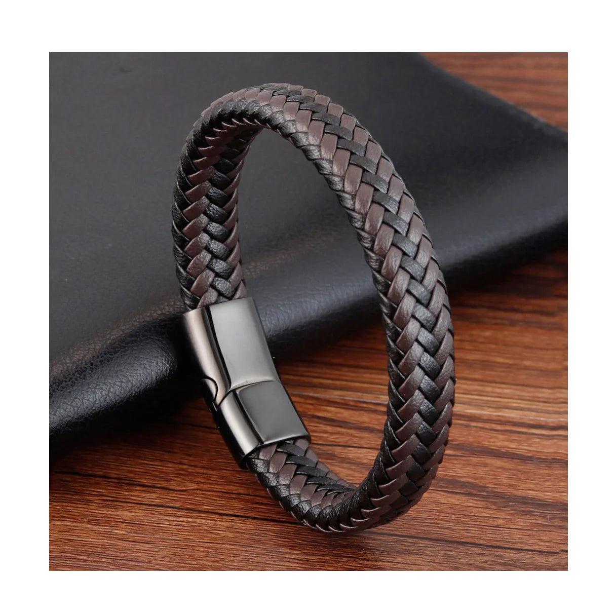 Korean Retro Woven Leather Stainless Steel Double Circle Fashion Men's Cowhide Bracelet Personality Handmade Jewelry OT-062