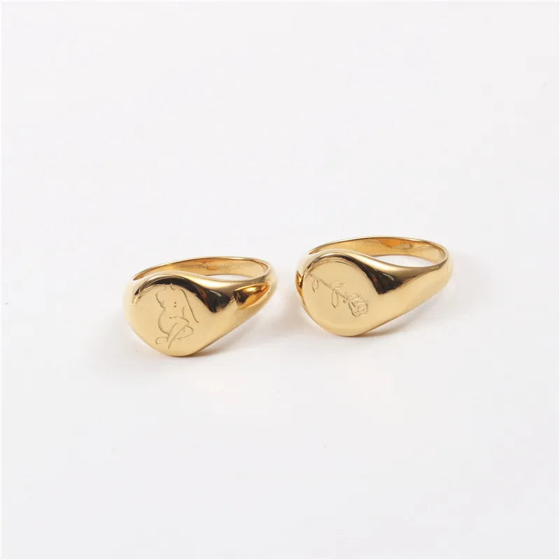 High End PVD Gold Plated Engraved Rose Flower Rings Women Body Stainless Steel Rings New Drop Shipping