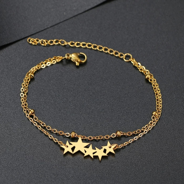 Double Layer Chain-link Bracelet 18k Gold Plated Stainless Steel Delicate Fashion Cute Star Charms Bracelet for Women Jewelry