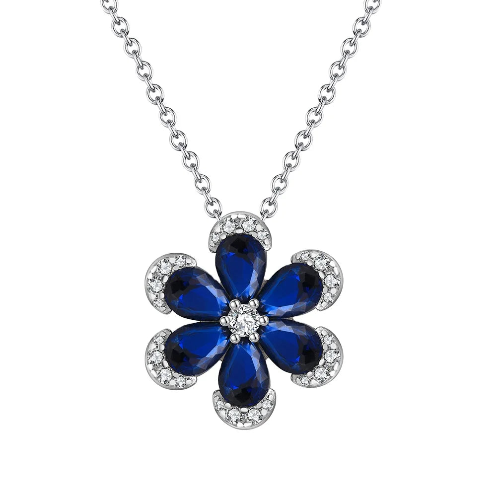 RINNTIN LZN17 925 Sterling Silver and 8A Blue Sapphire and White Zirconia Pear Shape Flower Pendant Silver Necklace for Women