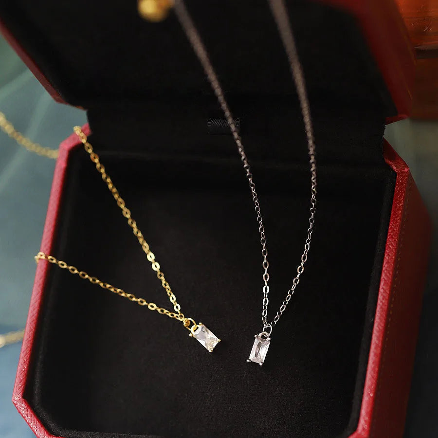 French Elegant 14K Gold Plated Pure 925 Sterling Silver Clavicle Chain Simple Square Zircon Pendant Necklace for Women Jewelry