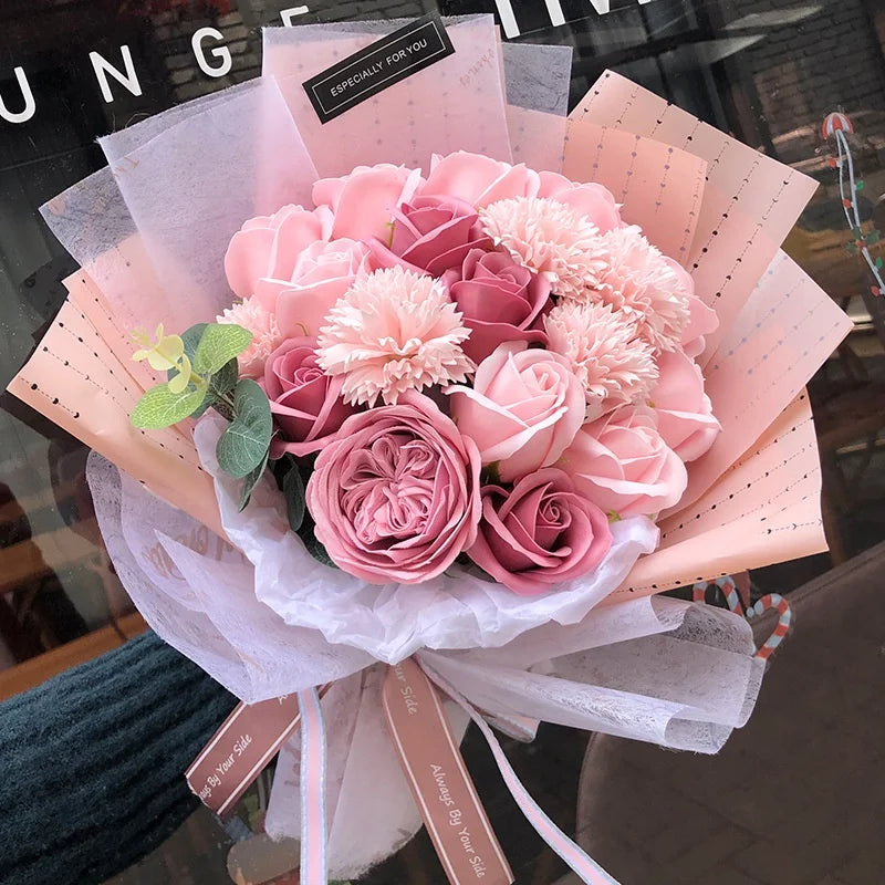 EC2200 Chinese Suppliers Wholesale Handmade Floral Arrangement Artificial pink Scented Carnation Rose Soap Flower Bouquet