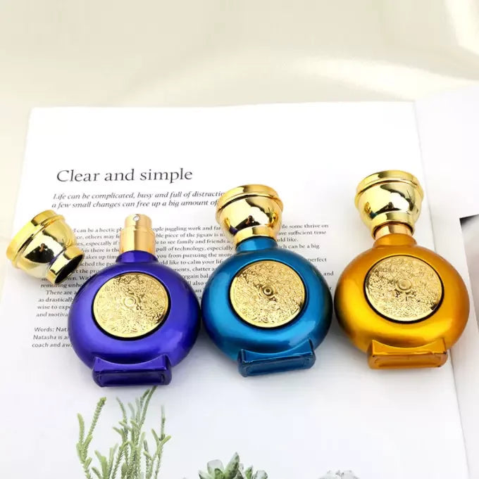 Wholesale 30ml Cosmetic Portable Fancy Luxury Gold Top Lid Empty Purple Glass Spray Perfume Bottle