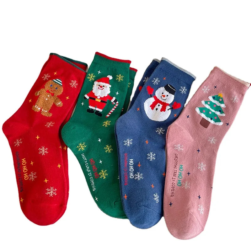 Merry Christmas Women's Cotton Crew Socks Medium Sleeve Red Tube with Santa Claus Cartoon Flocking Logo Cuff Knitted Technique