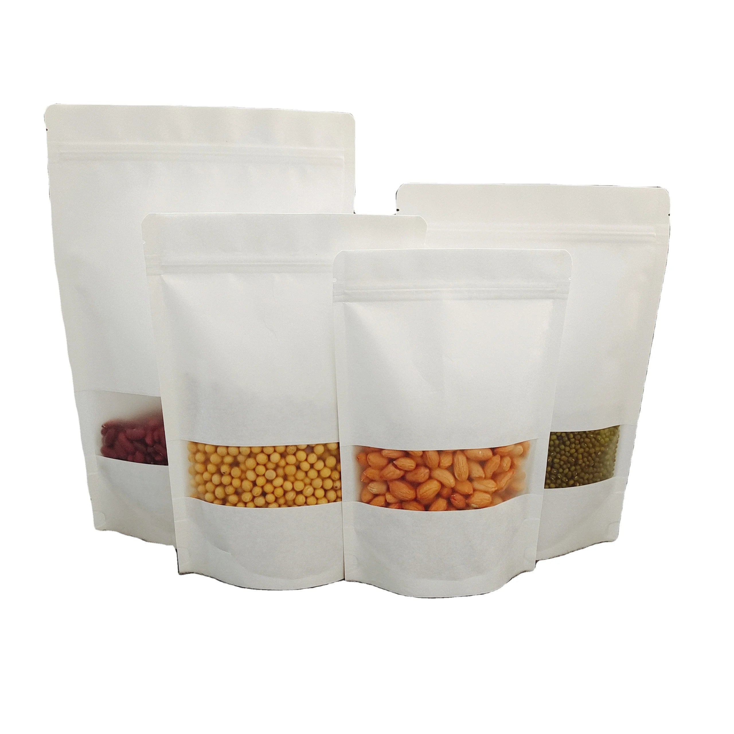 Stand up White Kraft Paper Reclosable Ziplock Plain Heat Sealable Food Packaging Doypack Pouches Bags With Matte Window