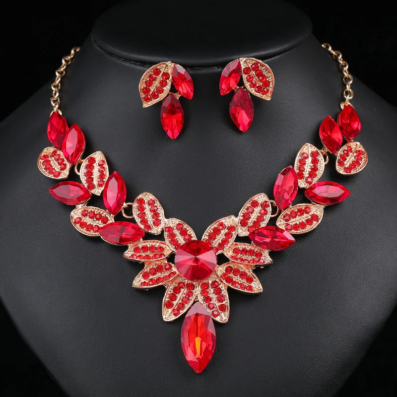 Vintage Leaf Flower Jewelry Set Rhinestone Crystal Necklace Earrings Jewelry Set Wedding Jewelry Sets for Women