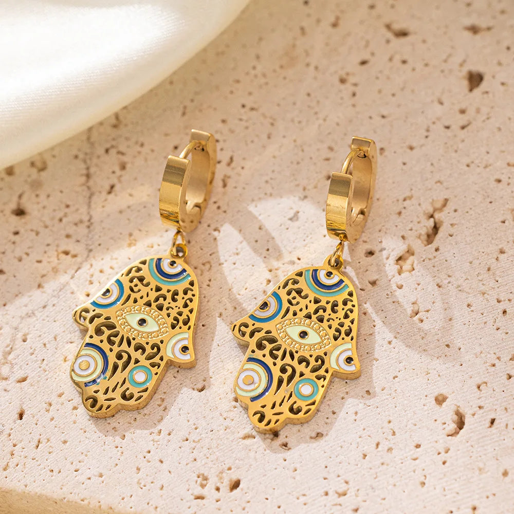 Blue Enamel Evil Eyes Hamsa Dangle Hoop Earrings Waterproof 18k Gold Plated Geometric Trendy Stainless Steel Fatima Hamsa Huggie