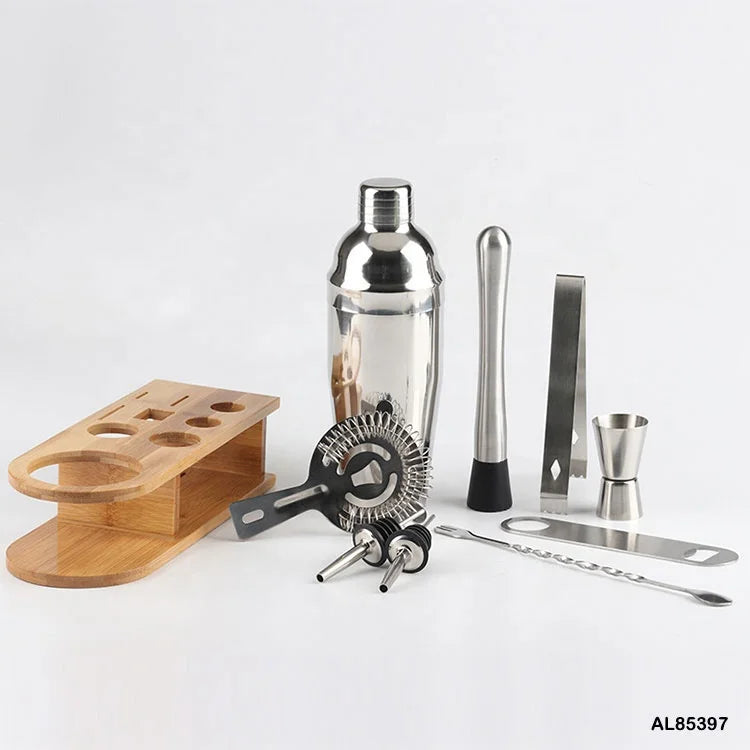 Customized Color Stainless Steel Boston Shaker Set Bartender Cocktail Shaker Barman Kit with Bamboo Stand