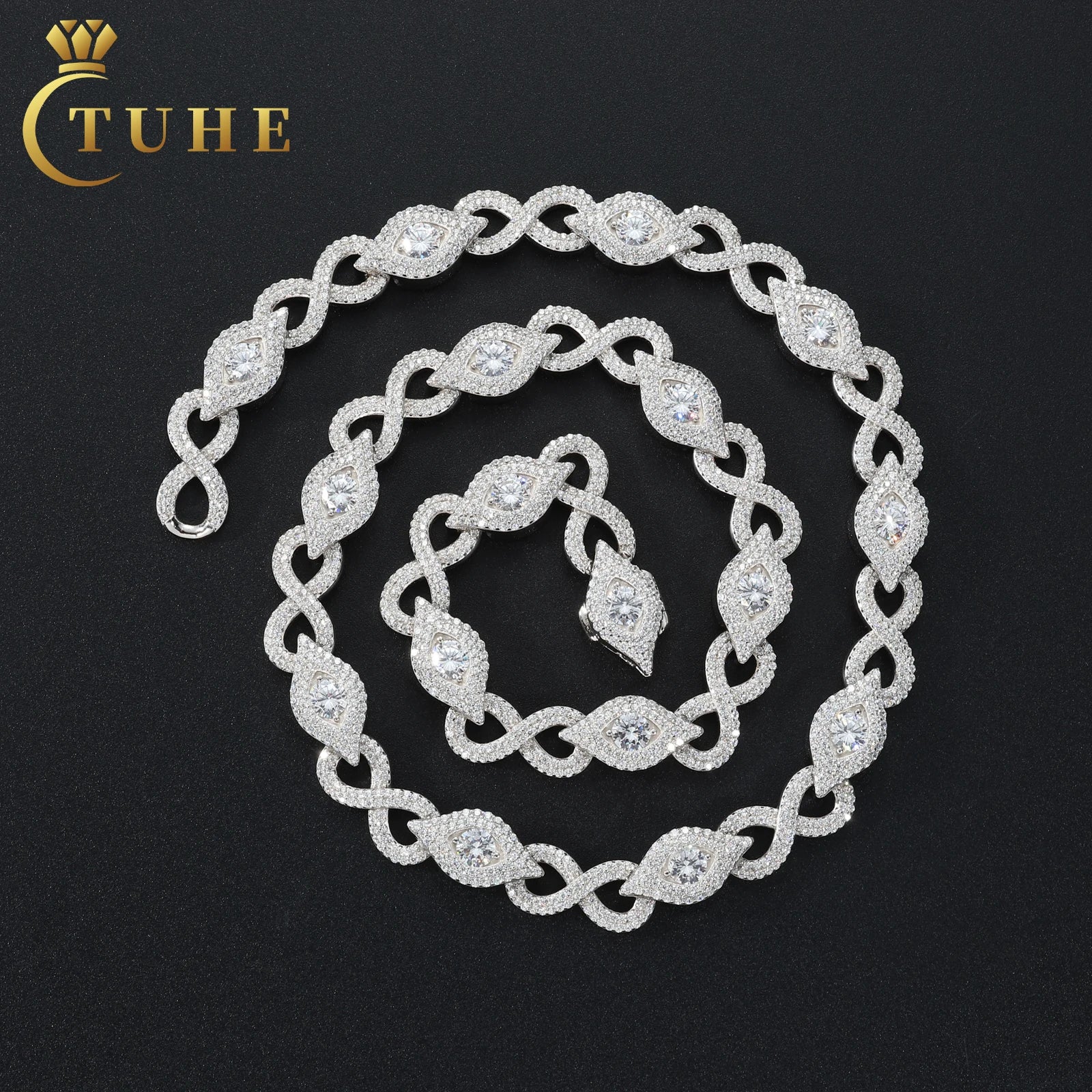 Fashion Mens Jewelry 10mm 925 Sterling Silver VVS Moissanite Diamond Infinity Link Chain Necklace With Eye Hidden Buckle
