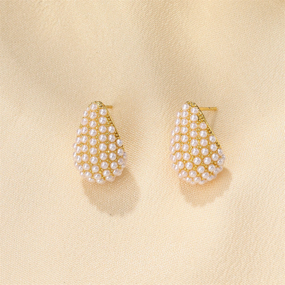 Fashion Mini Teardrop Earrings Copper Metal Fully Covered with Pearl 18k Gold-plated Teardrop Earrings