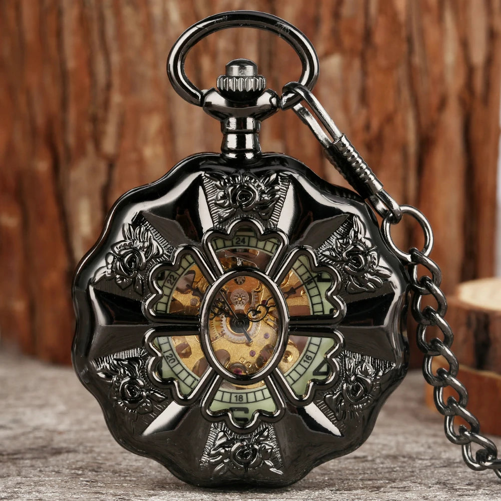 Hollow Black Mechanical Men Pocket Watch with Luminous Skeleton Dial Half Hunter Steampunk Hand Wind Locket Watch with Chain