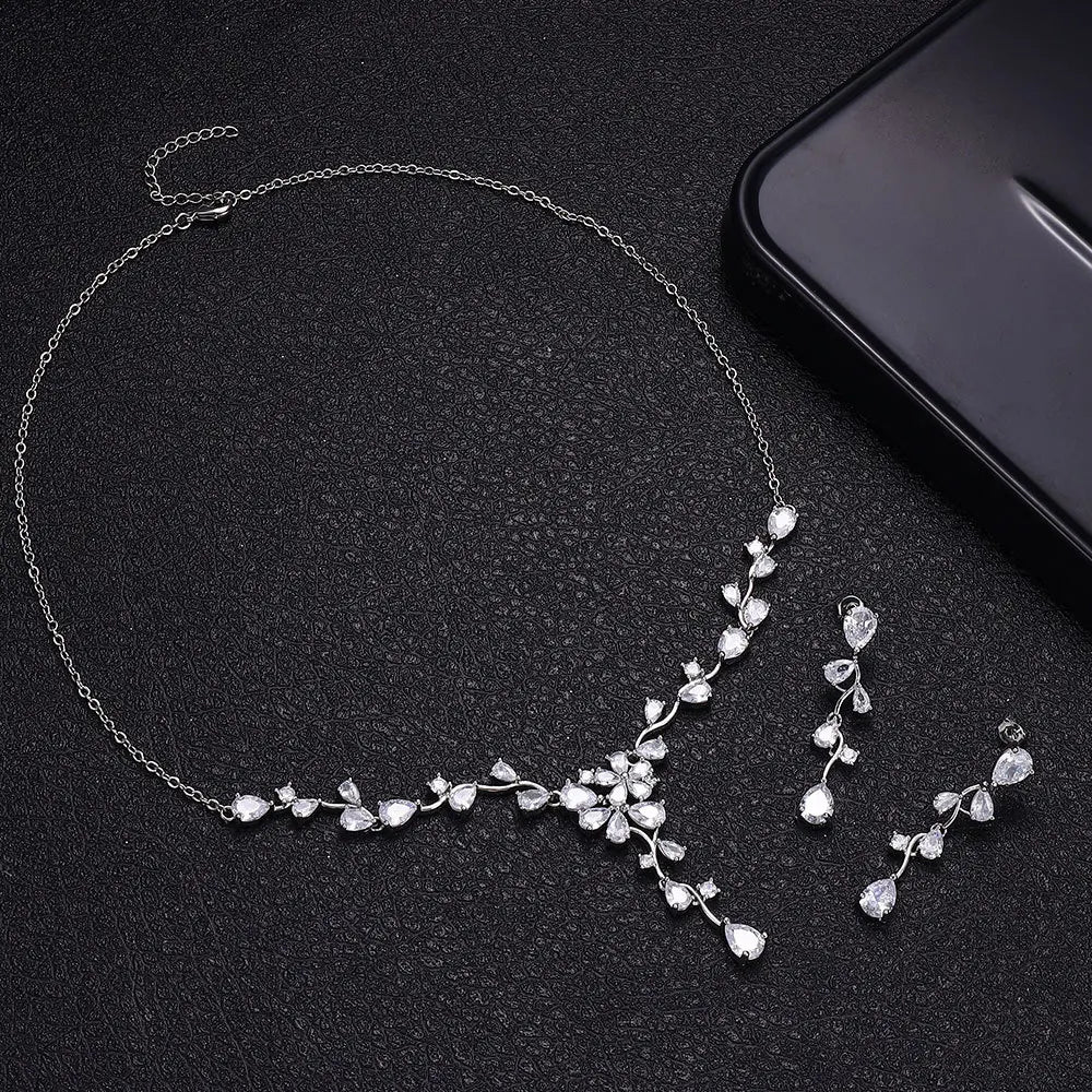 Cross Border Jewelry Rose Zircon Necklace Earring Set Women's Bridal Jewelry Two-Piece Set for Wedding Engagement Party Trendy