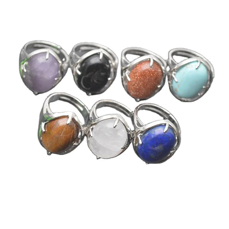 Fashion Style Silver Plated Various Natural Stone Oval Cabochon Adjustable Gemstone Rings for Men Women Reiki Yoga Jewelry Gift