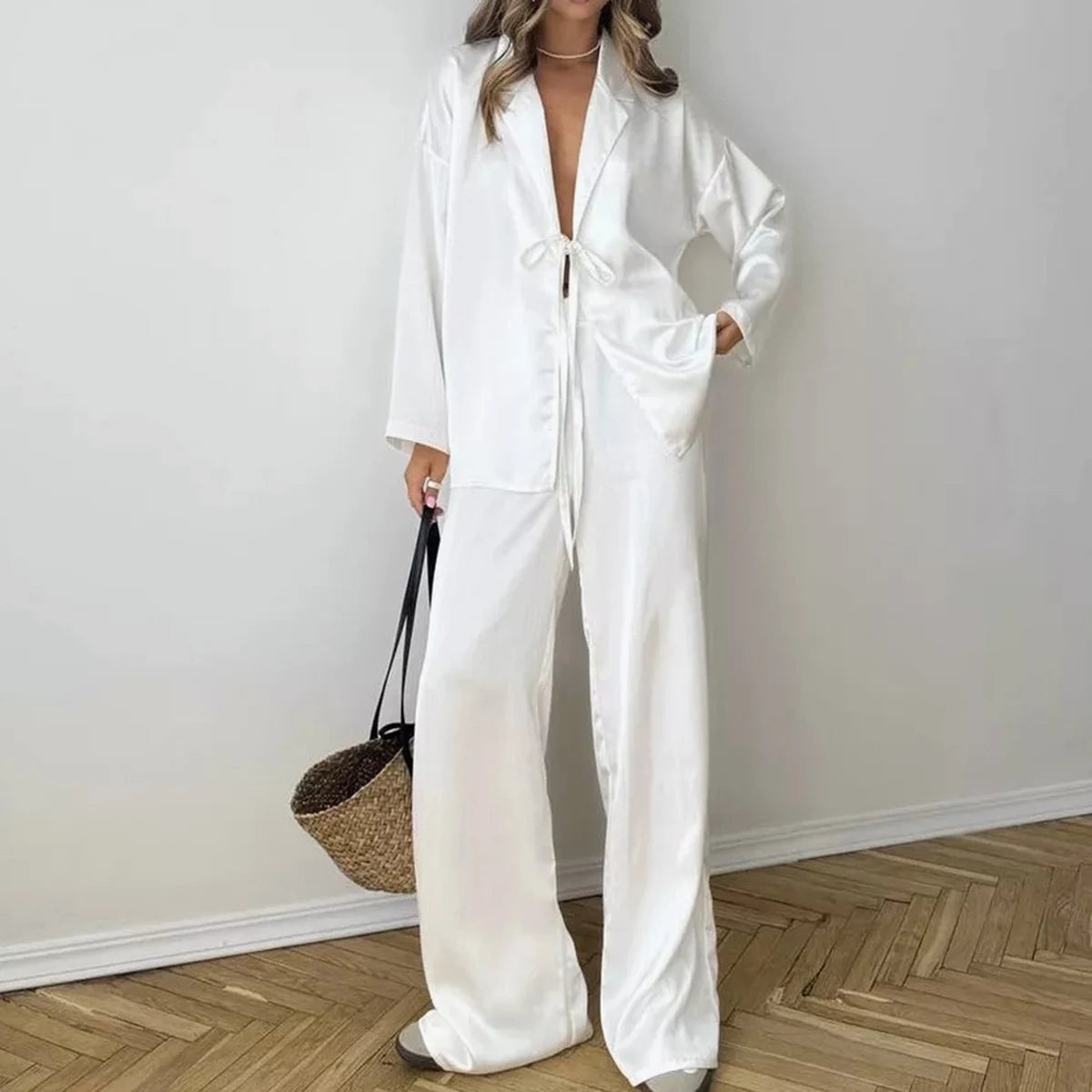 Enyami 2025 New Loose Satin Lace up Long Sleeve Cardigan Trousers Oversized Pants 2 Piece Suit Homewear Outing Pajama Women Sets