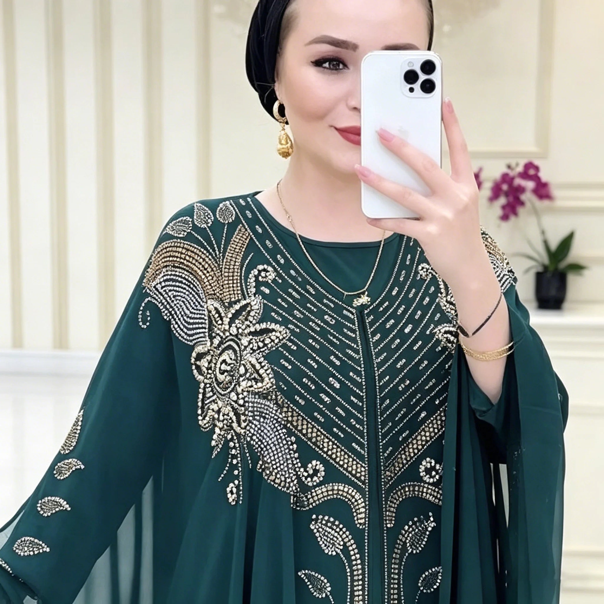 2026 High Quality New Arrival African Women Batwing Sleeve Dress Muslim Abaya Plus Size Dress Women Sequins Robes