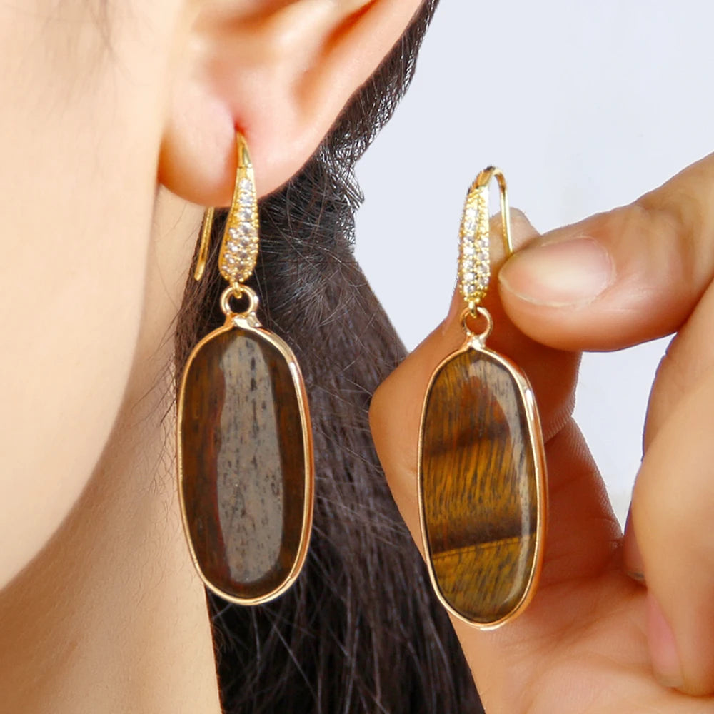 Fashion Retro Bohemian Style Geometric Natural Stone Oval Pendant Earrings Artificial Zircon Ear Hooks