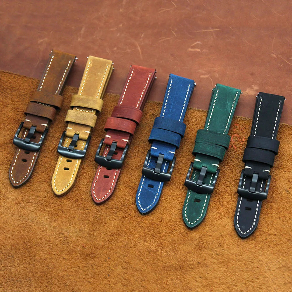 In Stock 20mm 22mm Vintage Genuine Leather Watch Strap Crazy Horse Quick Release Watch Band for Samsung Watch Classic Wristband