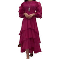 Women's Multi-layer Pleated Ruffled Long-sleeved Dress Formal Chiffon Fabric MIDI Length Evening Dress