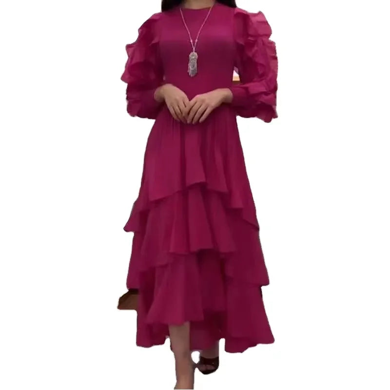 Women's Multi-layer Pleated Ruffled Long-sleeved Dress Formal Chiffon Fabric MIDI Length Evening Dress