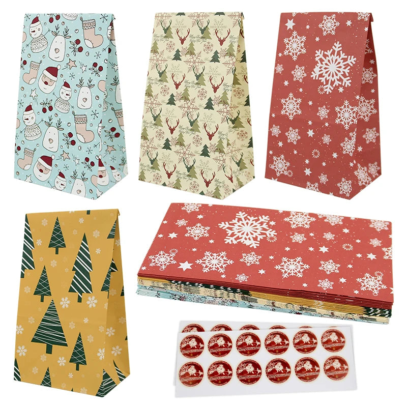 Christmas Bulk Wrapping Gift Bags with Stickers Treat Bags for Holiday Party Favors Classroom Gift Giving Paper Bags for Xmas