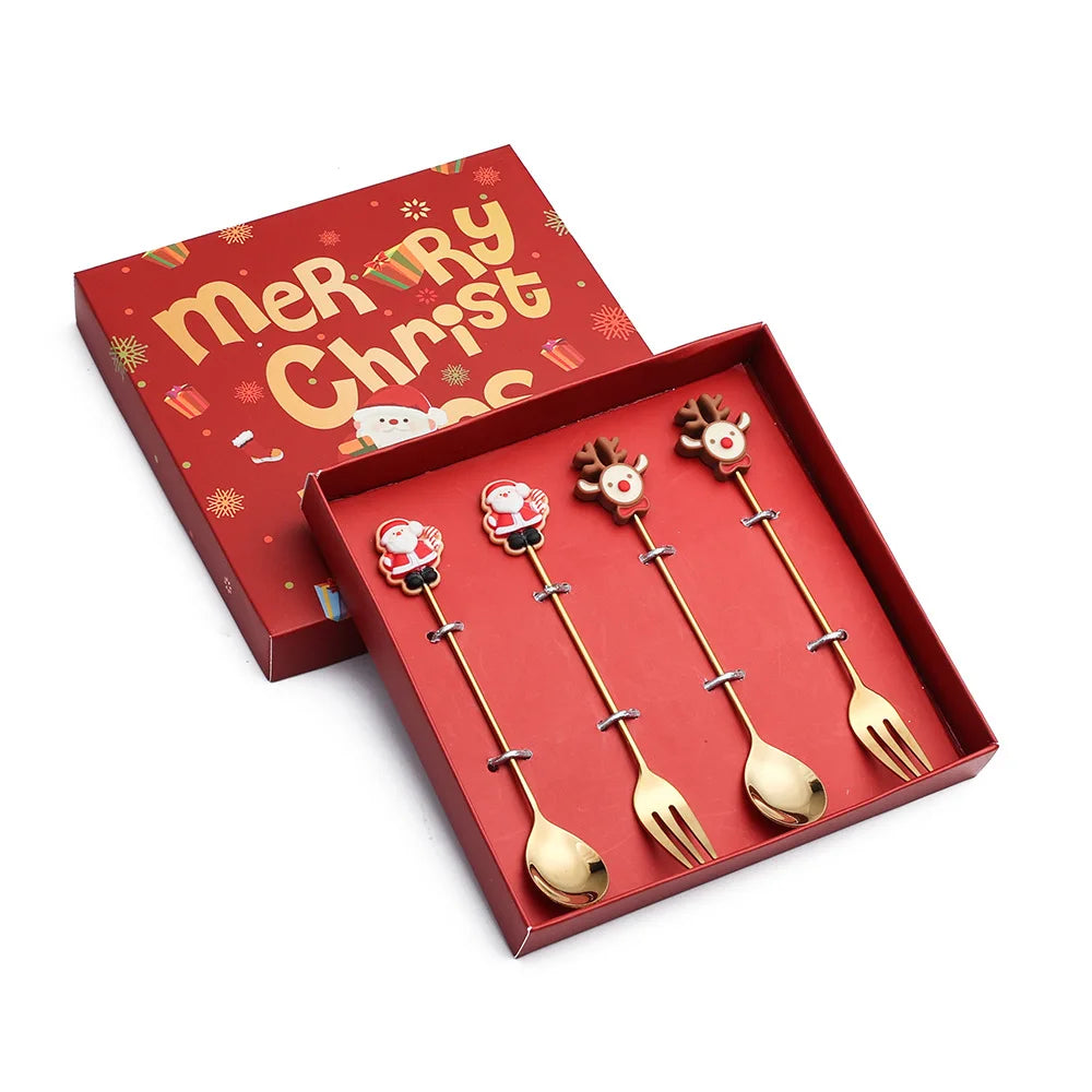 Hot Selling Stainless Steel Gold Spoons Metal Coffee Spoons Christmas Tea Spoons With Gift Box OME Dessert Spoon Forks Set