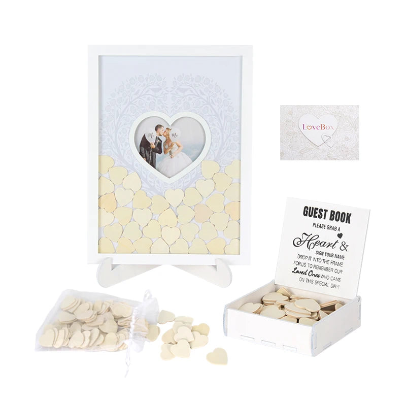 White Print Rectangle Wedding Guest Book Alternative With Wooden Heart Message Board