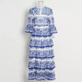 Summer New Blue and White Spandex/Polyester Ink Printing Cake Dress O-Neck Sleeveless Casual Loose Floor-Length Washable Dress