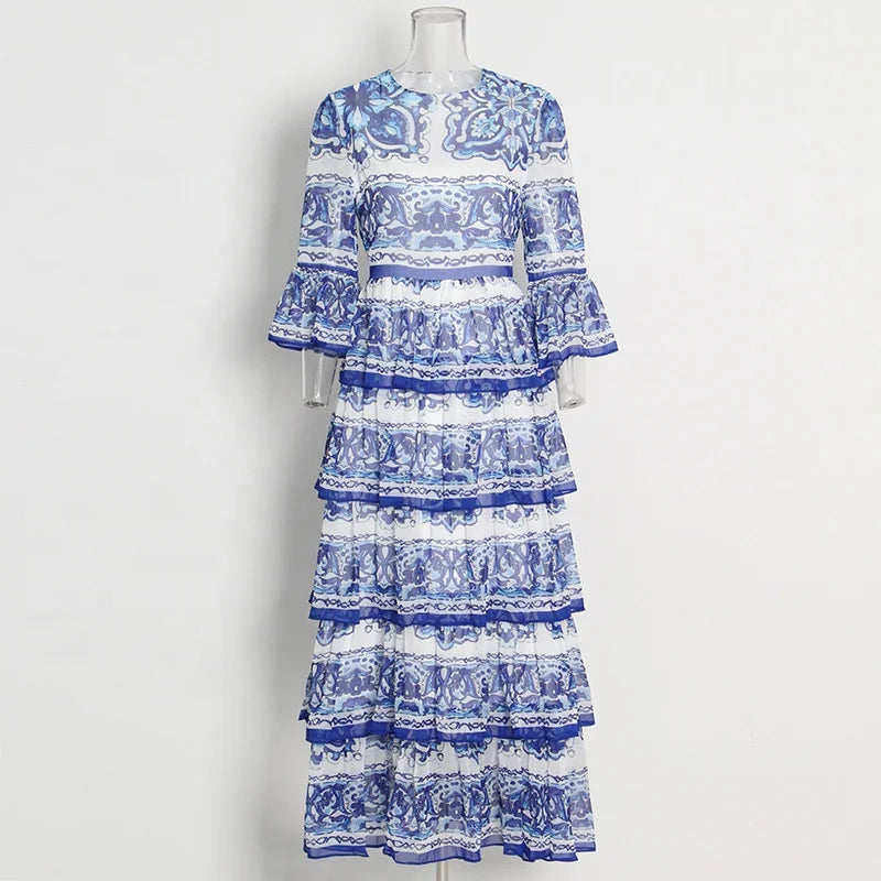 Summer New Blue and White Spandex/Polyester Ink Printing Cake Dress O-Neck Sleeveless Casual Loose Floor-Length Washable Dress