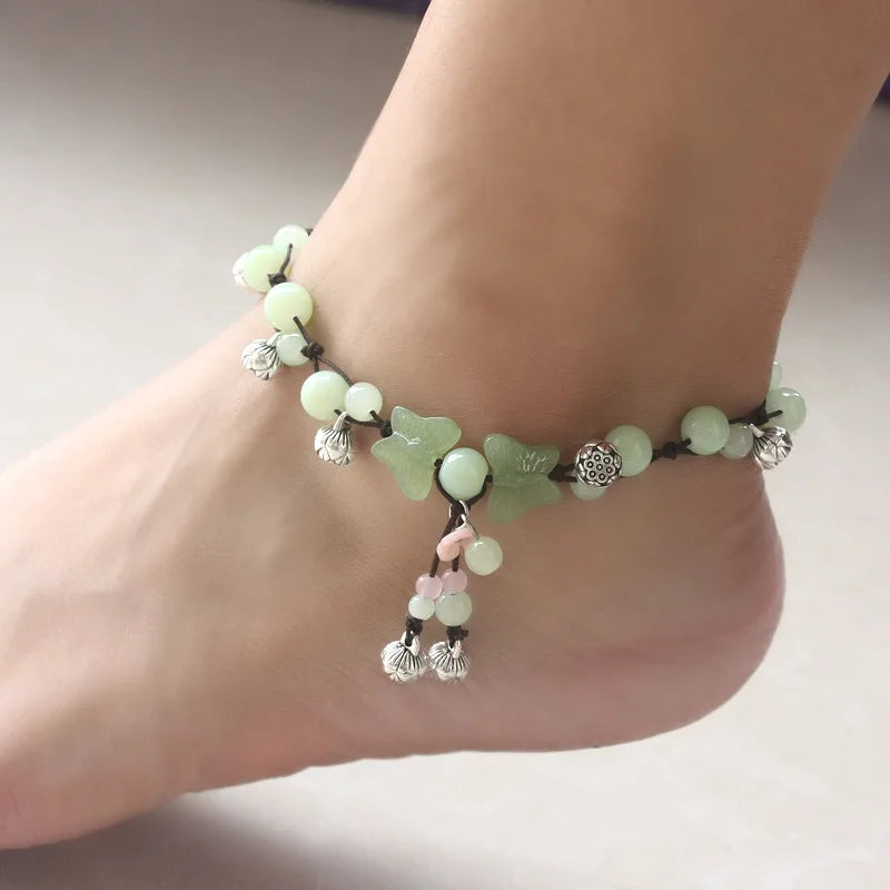 In Stocks! Bohemia Handmade Jade Beaded Adjustable Butterfly Anklet for Women Beach Jewelry