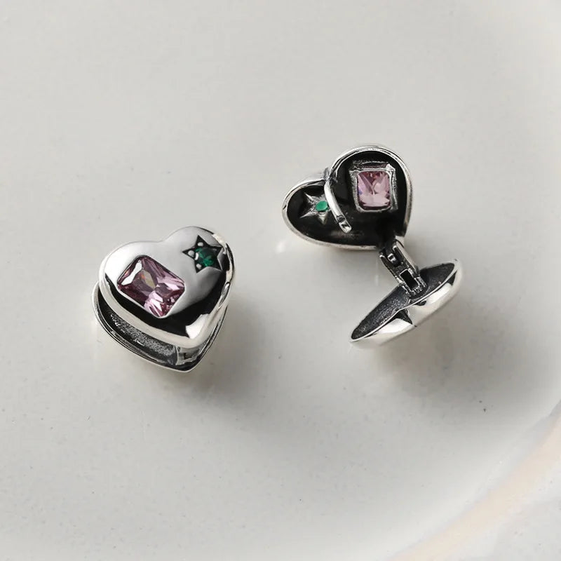 Rhodium Plated 925 Sterling Silver pink and Green Hpoallergenic Sweet Cz Heart Huggie Earrings