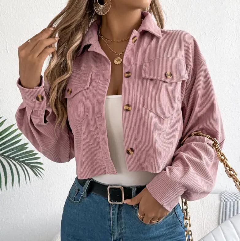 RNSHANGER Wholesale Women's Casual Long Sleeve Corduroy Short Jacket European American Style Solid for Autumn Winter Short Coat