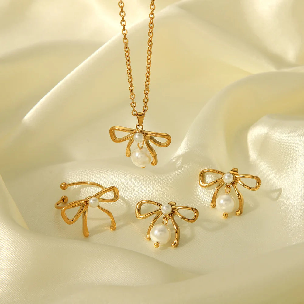 2025 French Style New Bowtie Freshwater Pearl Necklace Does Not Fade Female Summer Stainless Steel Ring Jewelry Set