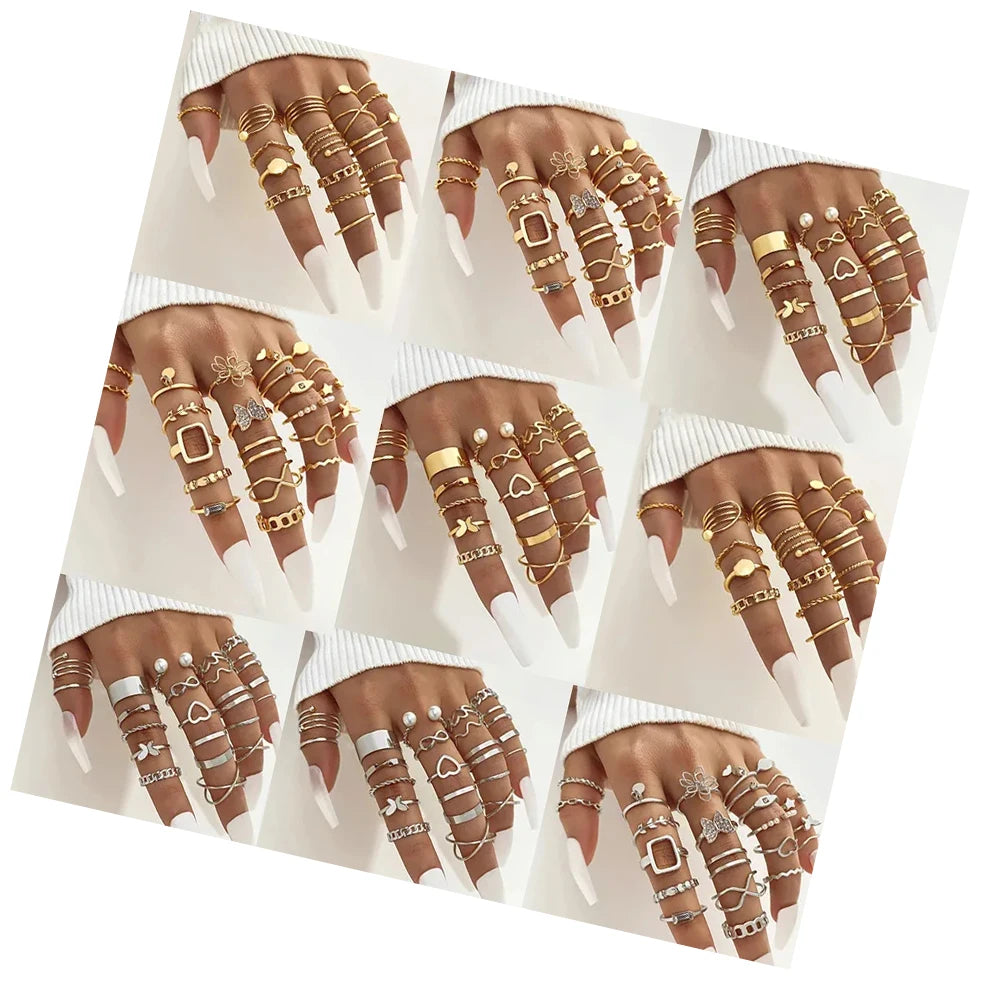 20Pc  Hollow Love Butterfly Female Ancient Silver Ring Set Pearl Gold Flower Set Ring