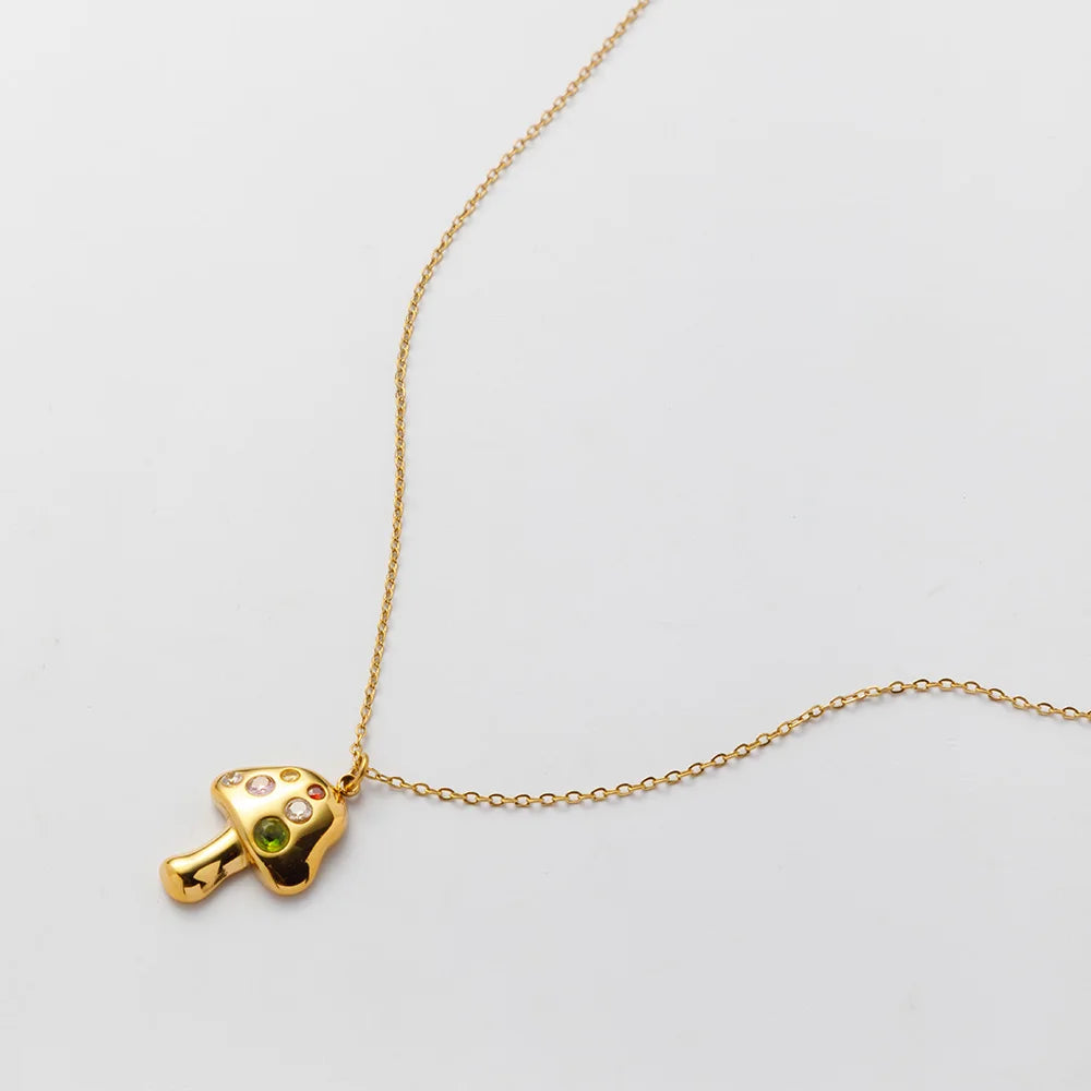 Fashionable Waterproof Stainless Steel Jewelry 18k Gold Plated Lucky Ssymbol Mushroom Colored Zircon Necklace YF3775
