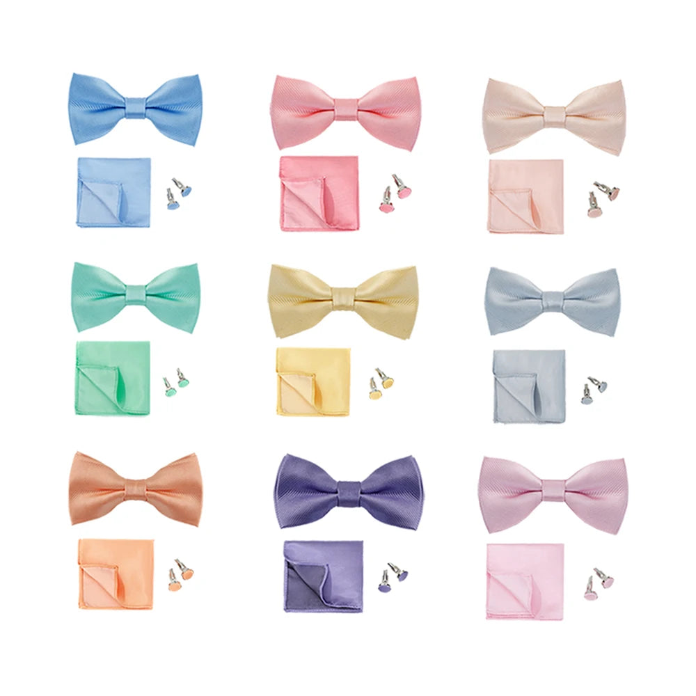 Men's Party Wedding Bow Ties Hanky Set Colorful Solid Navy Pink Black Cravat with Pocket Square & Cufflinks Made of Polyester
