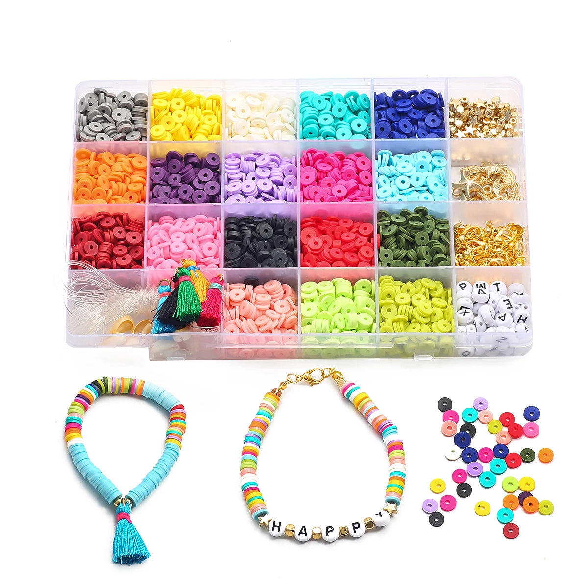 3600pcs Flat Round Polymer Clay Spacer Beads Kit with Charms Elastic String Clasp for Jewelry Making Bracelets Necklace Earring