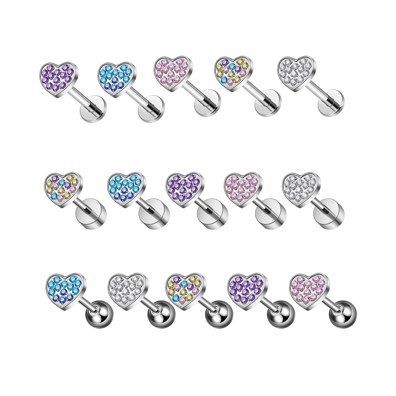 ASTM F136 Titanium Piercing 1.2/1.0 mm Post Ear Studs Heart Shaped Earrings CZ Paved Nose Stud Labret Body Jewelry