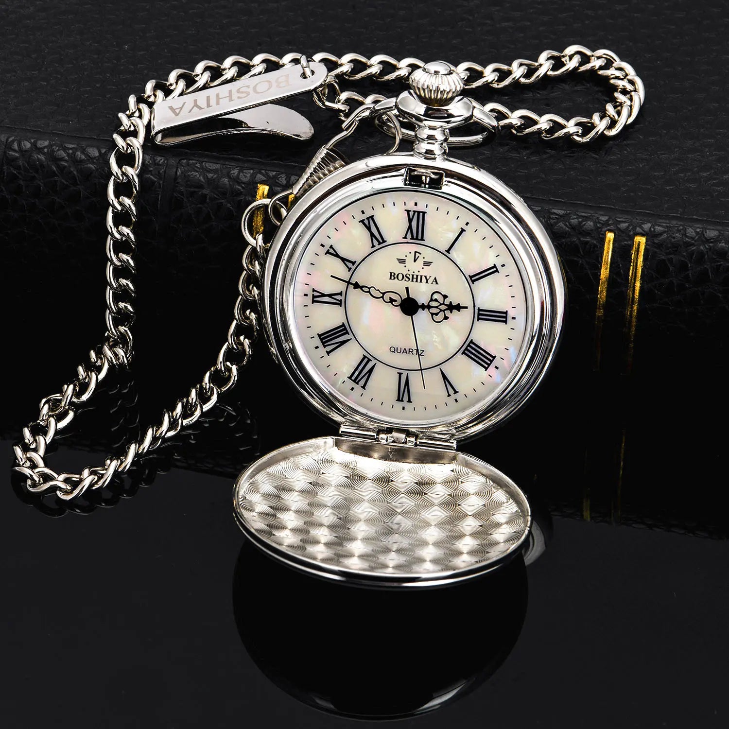 BOSHIYA Antique Necklace Silver Guangdong Movt Men Luminous Calendar Artificial Shell Quartz Pocket Watch Chain No Waterproof