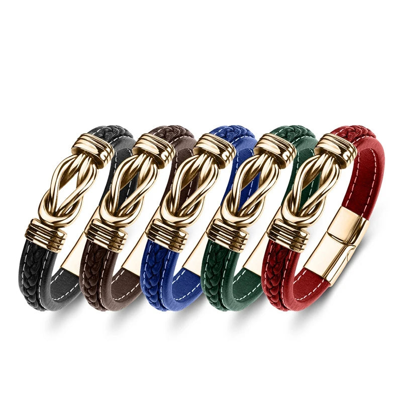 Fashion Hot Men's Hip Hop Braided Bowknot Titanium Steel Punk Magnet Buckle Wrap Leather Bracelet for Men