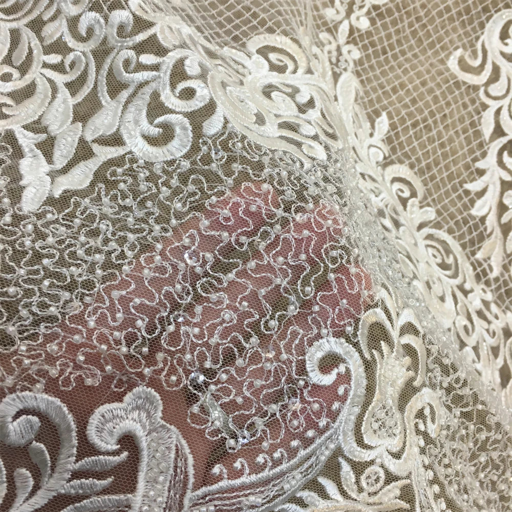 Ivory Pearl Fabric Bridal Luxury Tulle Lace Handmade 3D Embroidery Heavy Beaded Lace Fabric for Wedding