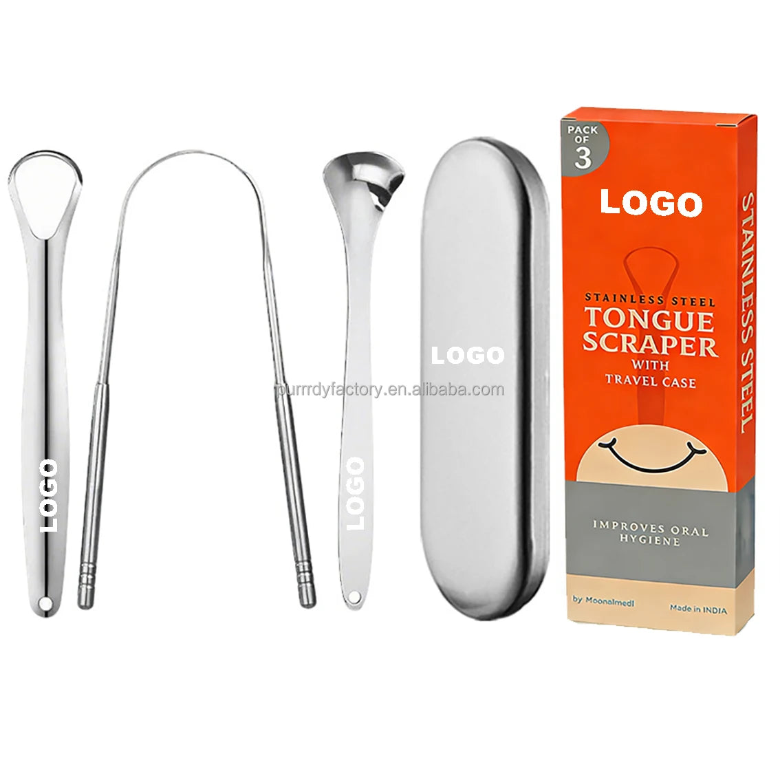 Custom Logo Eco Friendly Rose Gold or Silver Stainless Steel Metal Adult Kids Reusable Portable Tongue Scraper Cleaner Set