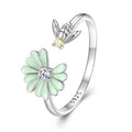 New Arrivals 925 Sterling Silver Daisy Bee Opening Ring Candy Green Flower Adjustable Ring Party Jewelry Gift SCR929