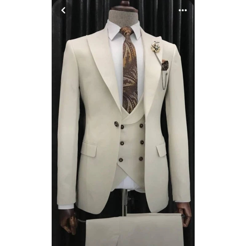 Beige Black New Men Suits Leisure Boutique Business Solid Color Slim Wedding Suit / Male 3 Pcs Blazers Jacket Pants Vest