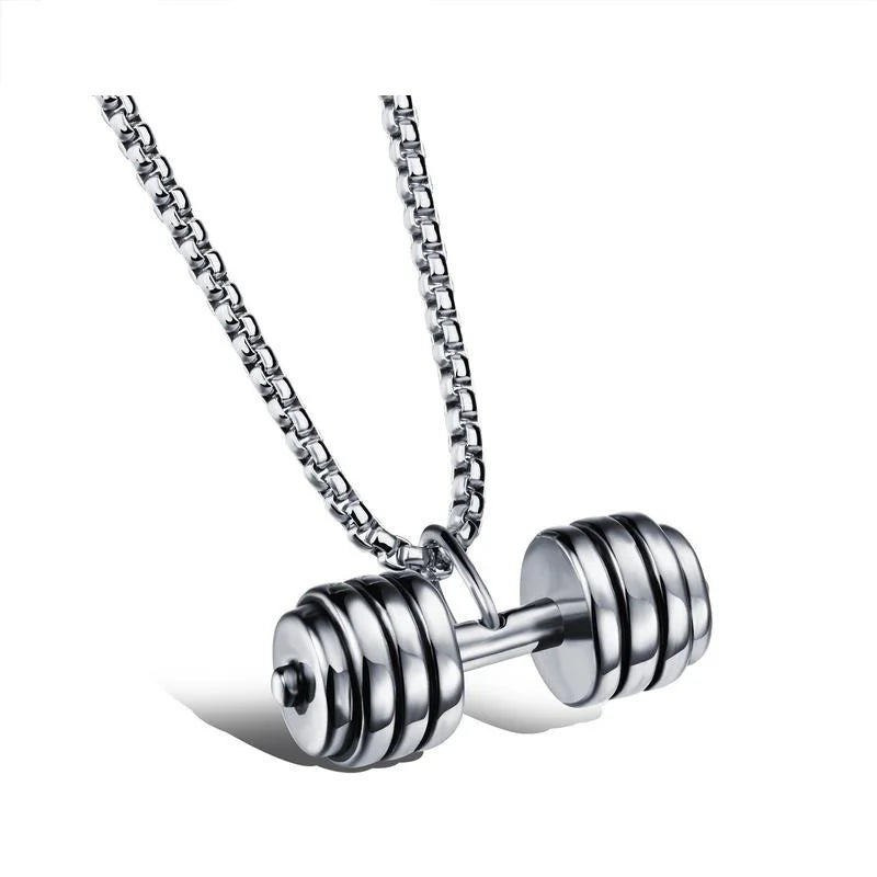 Men's Fitness Dumbbell Pendant Necklace Square Box Chain Stainless Steel Dumbbell Necklace
