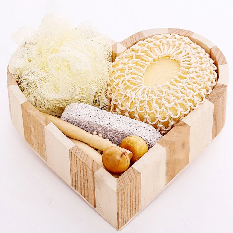 Custom 6pcs in One Set Shower Bamboo Foot Stone Bath Brush Set Body Clean Face Brush Exfoliating Dry Skin Brush Spa Set
